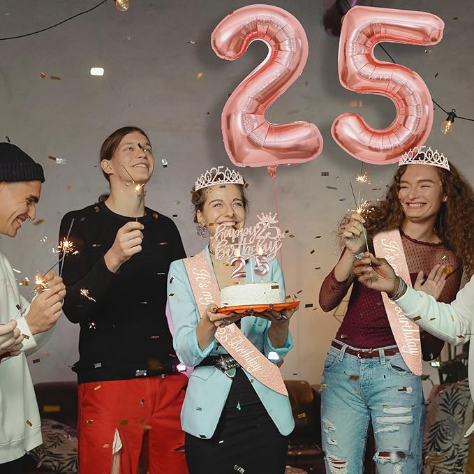 25th Birthday Decorations for Women Include 25th Birthday Sash and Tiara, Cake Topper and Candles, Number Balloons, Greeting Card, 25 Year Old Gifts for Women