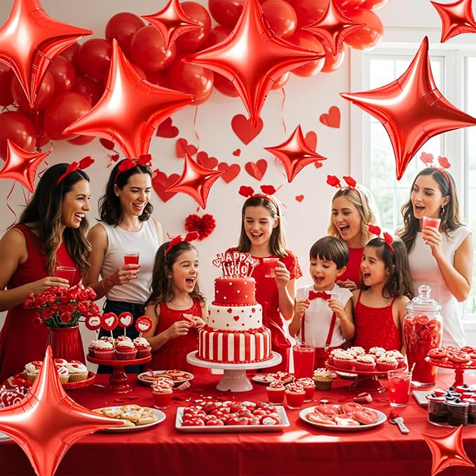 TONIFUL 30Pcs 26In&10In Star Balloons Red Four Pointed Foil Mini Star Mylar Balloons for New Year Valentine's Day Birthday Wedding Baby Shower Anniversary Engagement Party Decor Supplies
