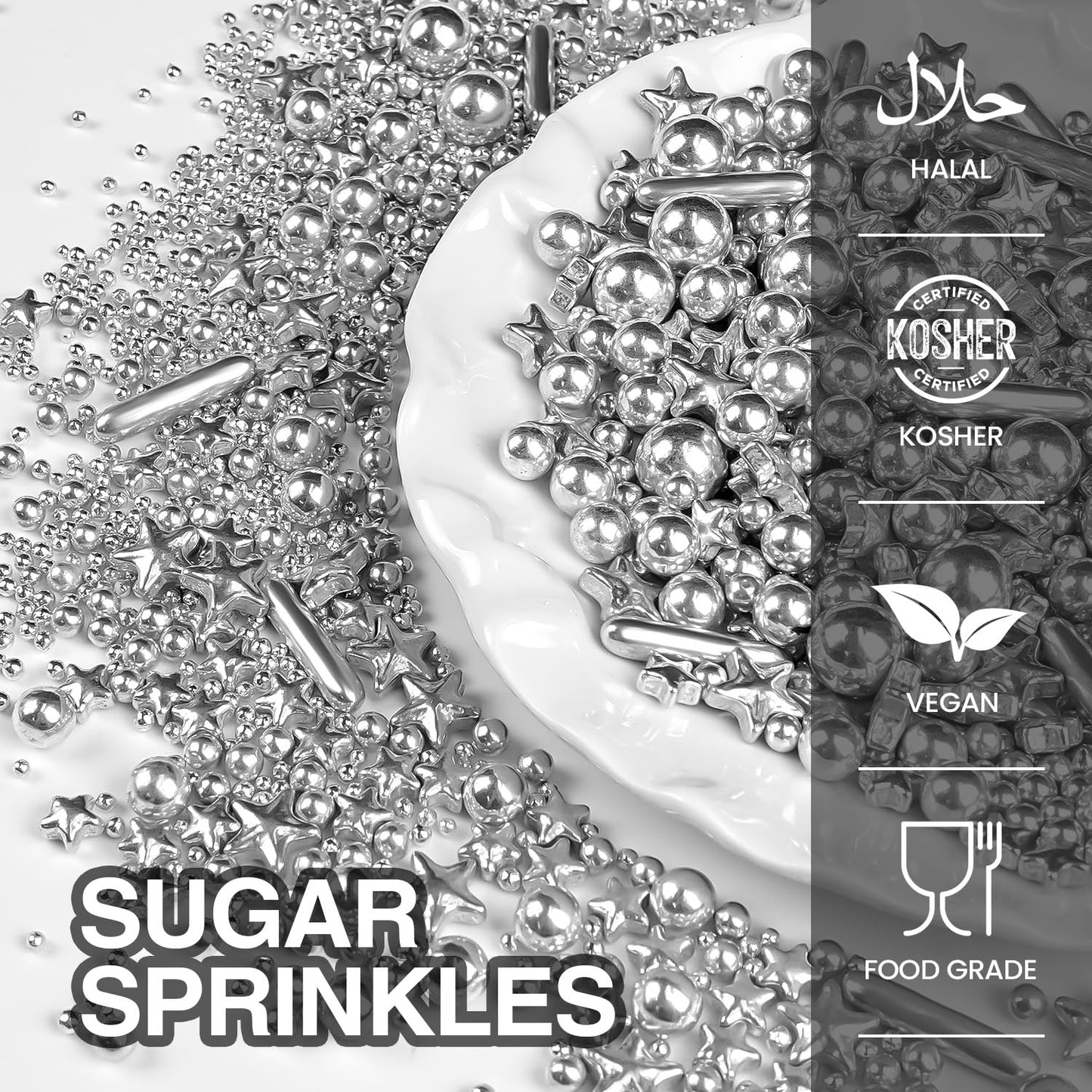 Silver Pearl Rods Star Sugar Christmas Sprinkles, Silver Sprinkles for Cake, Edible Pearls Baking Candy, 150g/5.29oz Mix Size, Cupcake Decoration, Wedding Party Supplies