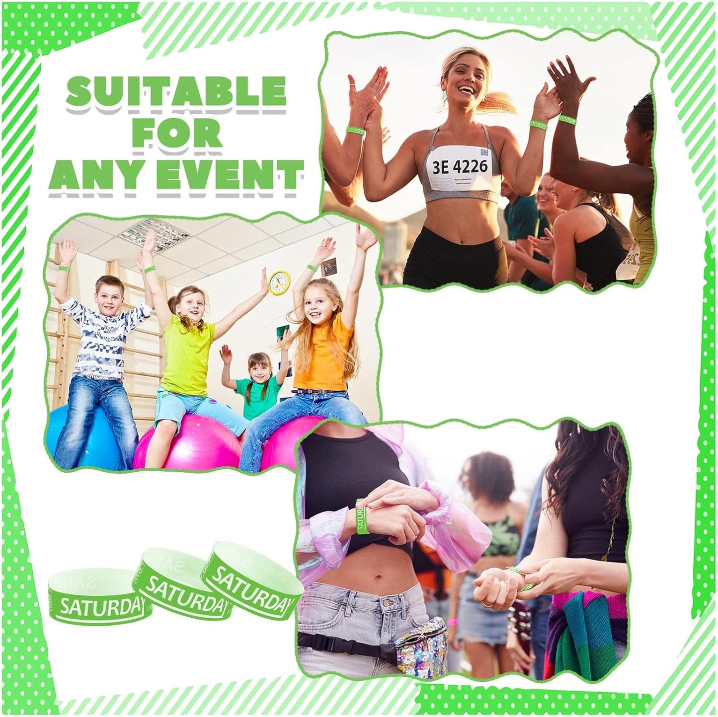 Henoyso 600 Pcs Saturday Paper Wristbands Event Admission Paper Bracelets Numbered Waterproof Party Armbands for Events Day of The Week(Green)