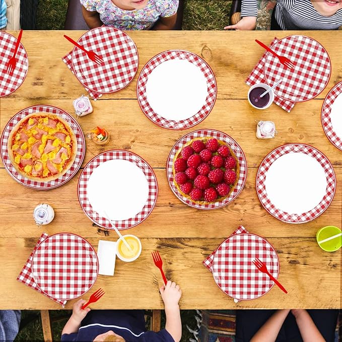 200Pcs Red Gingham Party Supplies Red and White Checkered Buffalo Plaid Plates and Napkins Disposable Gingham Tableware Set for Valentine's Day Picnic BBQ Baby Shower Party Decorations Serves50