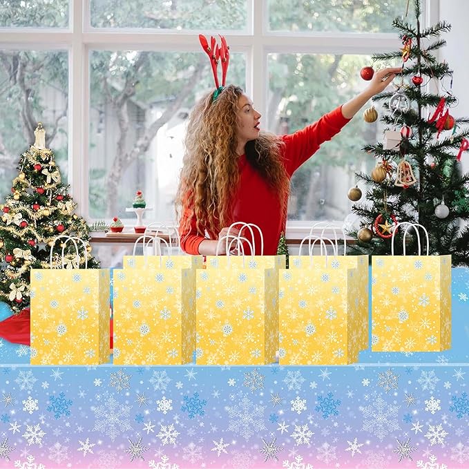 HongXingHai Christmas Gift Bags with Handles, 16 Pack Kraft Paper Bags with Snowflake Design, Reusable Holiday Party Favor Bags for Christmas, Winter Birthday, Wedding, Shopping, Small Gifts