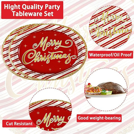 50Pcs Christmas Oval Paper Plates 10" x 12" Large Disposable Heavy Duty Red and Gold Stripe Paper Platters Red Gold Xmas Party Platter for Merry Christmas Holiday New Year Dinner Party Supplies