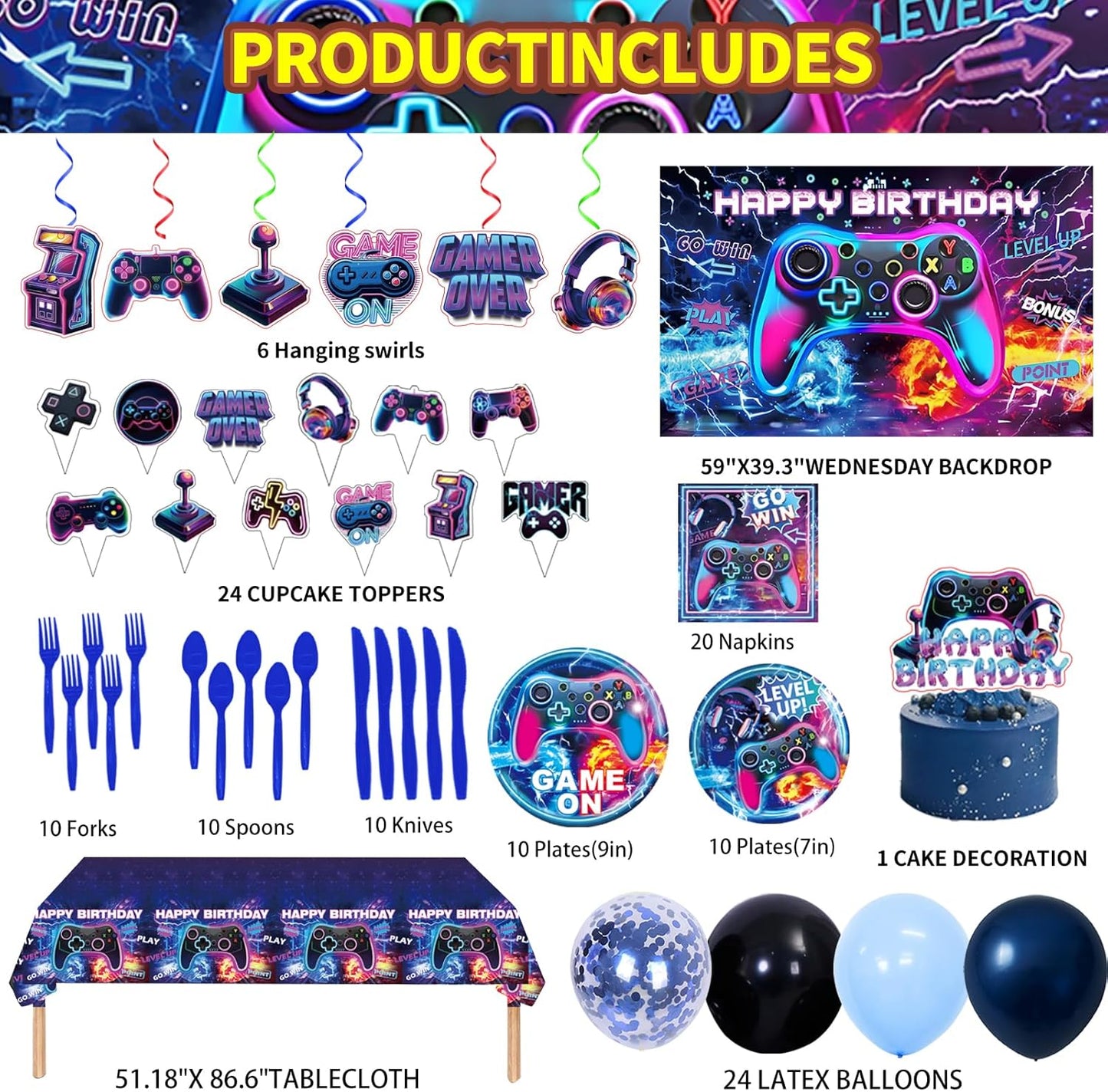 Video Game Birthday Party Supplies, Game Theme Style Party Include Happy Birthday Banner, Backdrop, Tableware Set, Tablecloth, Hanging Swirls, Cake Toppers, Cupcake Toppers, Latex Balloons (Game)