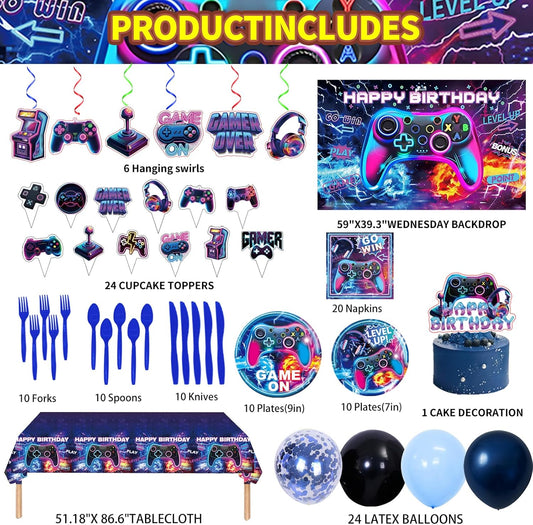 Video Game Birthday Party Supplies, Game Theme Style Party Include Happy Birthday Banner, Backdrop, Tableware Set, Tablecloth, Hanging Swirls, Cake Toppers, Cupcake Toppers, Latex Balloons (Game)