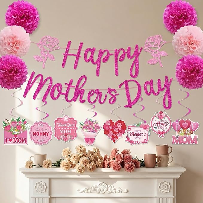 Happy Mothers Day Decorations Party Supplies Kit - Includes Glitter Happy Mother's Day Banner, 6 Paper Pom Poms, Hanging Swirls with Best Mom Ever - Rose Floral Mothers Day Theme Decor for Home Indoor