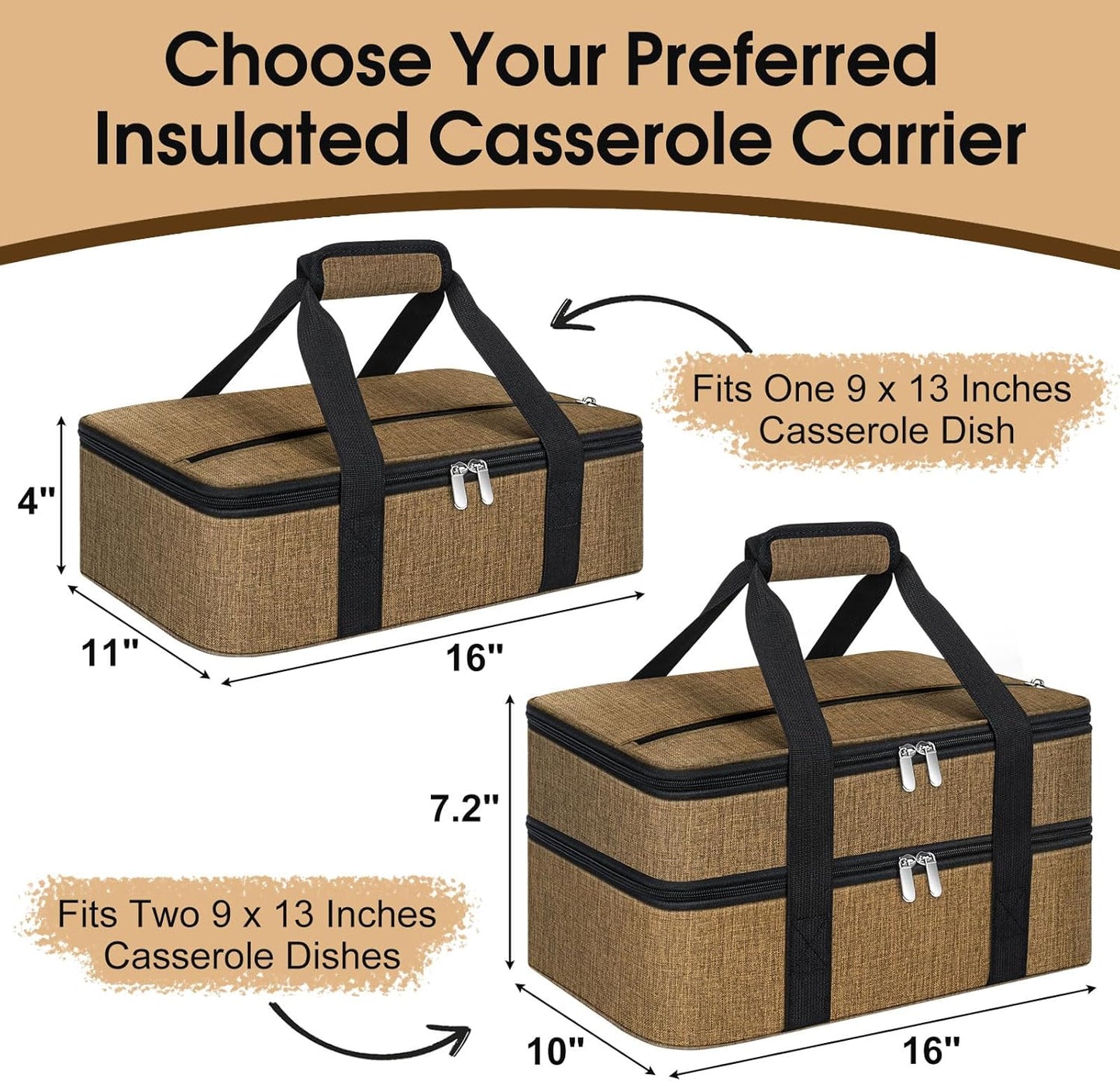Insulated Casserole Carrier, Portable Casserole Carrier for Hot or Cold Food Lunch Tote Warmer or Cooler Bag, Lasagna Lunch Bag for Potluck Parties- Fits 9" x 13" Baking Dish-Coffee