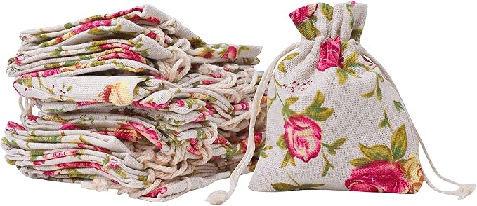Mandala Crafts 3X4 Inch Mini Rose Burlap Drawstring Gift Bags for Favors - 50 Tiny Floral Linen Sacks Gift Pouches for Candy, Coffee, Jewelry, Wedding, and Party Supplies