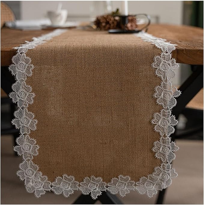 Natural Jute Table Runner, Burlap Style Table Runner, Rustic Farmhouse Table Runner Country Vintage for Wedding, Party Table Decorations, Boho Décor Jute Rose Lace Edge 12x87 inch TAB28