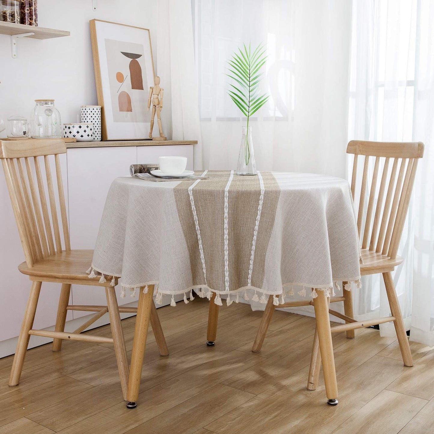 Heavy Weight Cotton Linen Tablecloth - Round 60 Inch Tablecloth - Tassel Stitching Table Cover for Kitchen Dining Room Tabletop Decoration - Beige