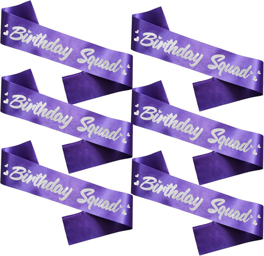 6 Pieces Birthday Squad Sash Set Purple with Silver Glitter Lettering Birthday Sash for Women Funny Party Favors Decorations for Sweet 16 18th 21st 25th 30th 40th 50th or Other Bday
