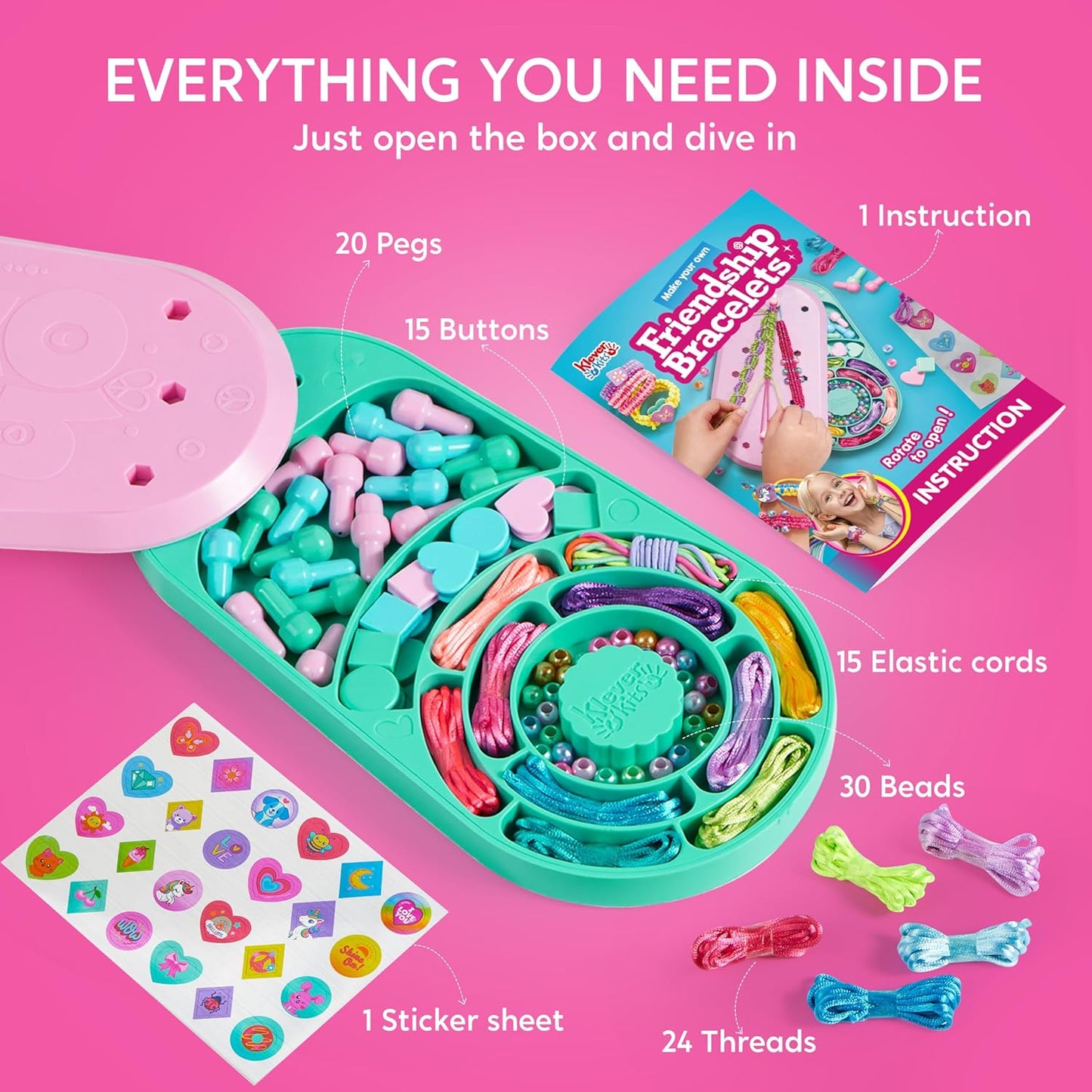Klever Kits Friendship Bracelet Making Kit, Arts and Crafts for Kids Ages 6-12, Best Birthday Present for Teen Girl, Children's Jewelry Craft Set, Charm Jewelry Making Kit Supplies, 10 Knot Styles