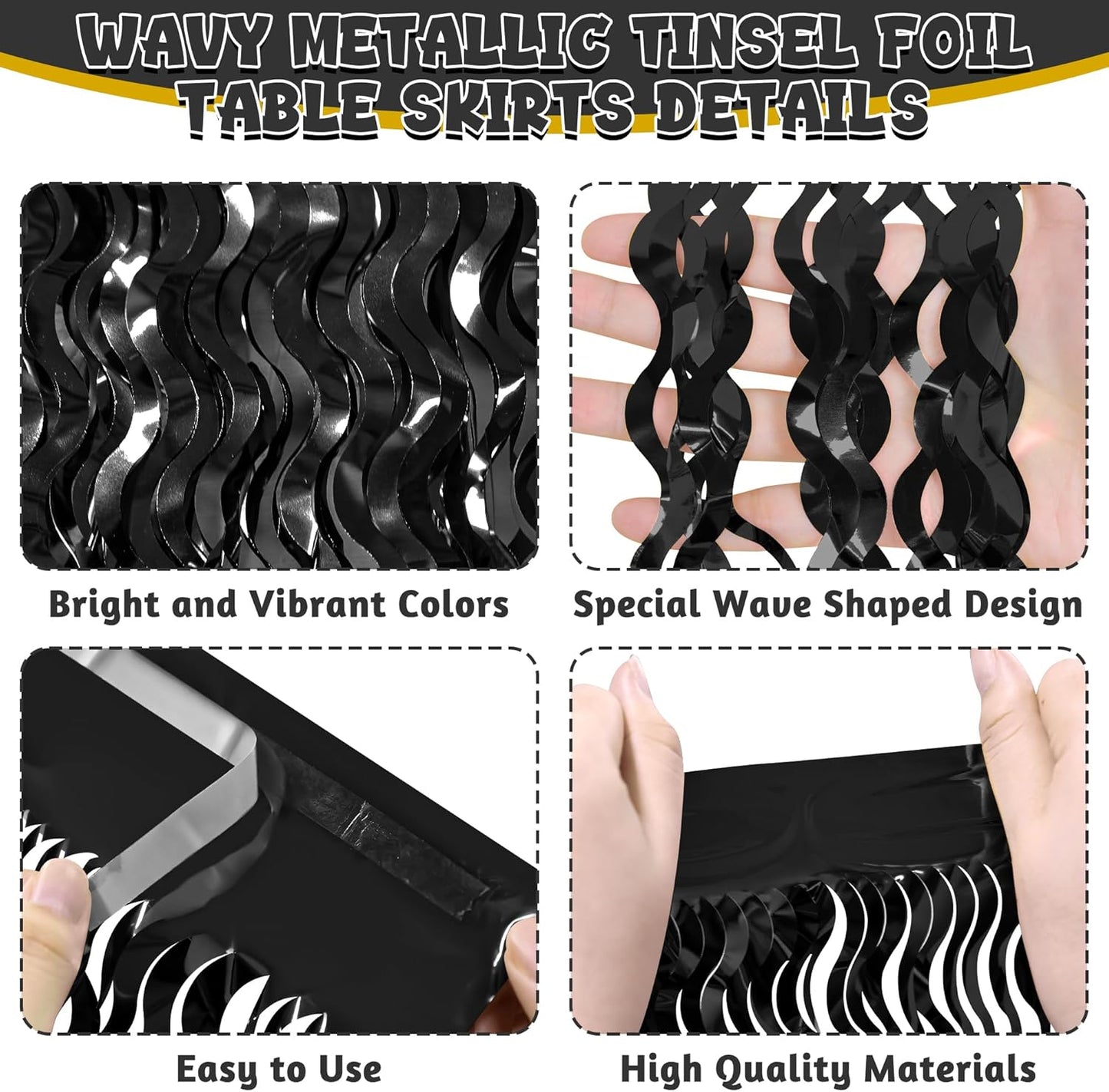 Halloween Table Skirt Decor, 2 Pack Black Foil Grass Desk Skirt, Metallic Wavy Tinsel Foil Fringe Table Skirts, Table Skirts for Graduations Halloween New Years Parade Party Decorations