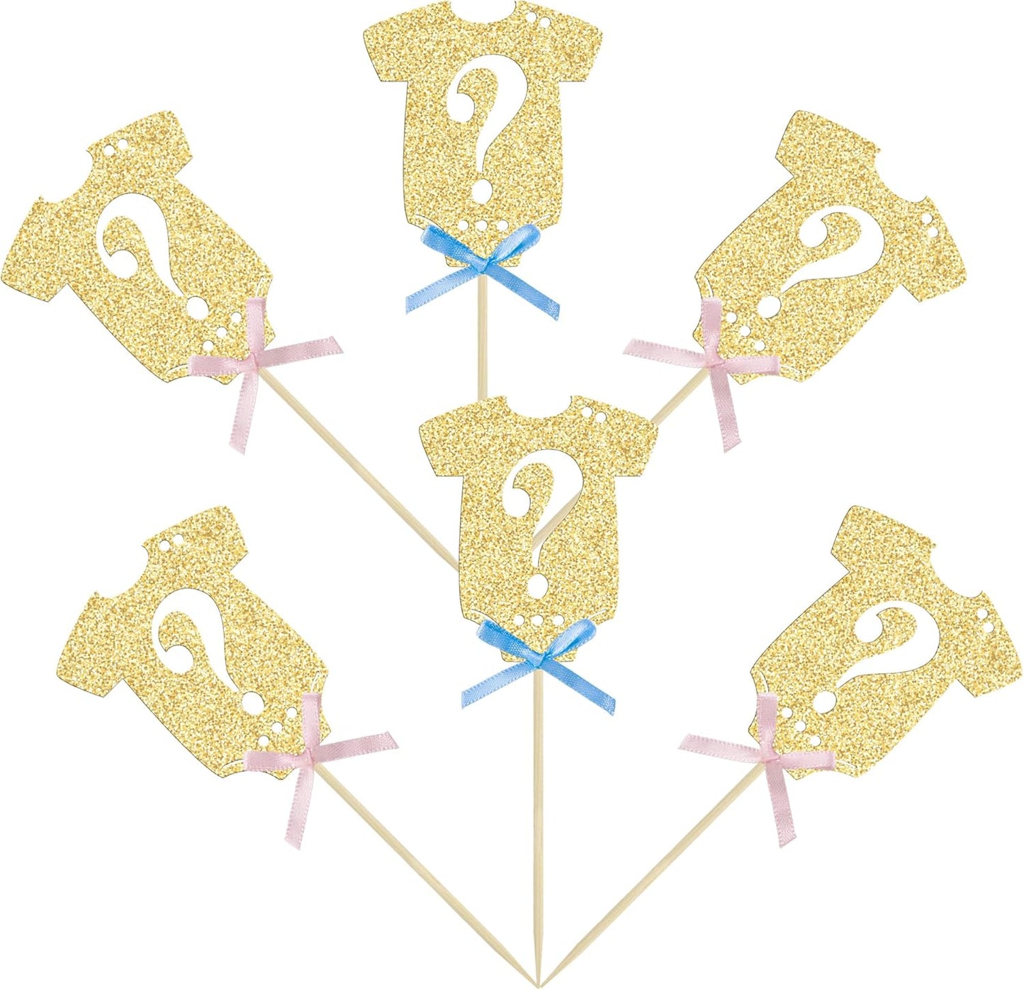 Ephlyn 24Pcs Gender Reveal Cupcake Toppers Glitter Pink Blue Bow Onesie Question Mark Boy or Girl Cake Topper Decorations for Baby Shower Theme Gender Reveal Kids Birthday Party Supplies Gold
