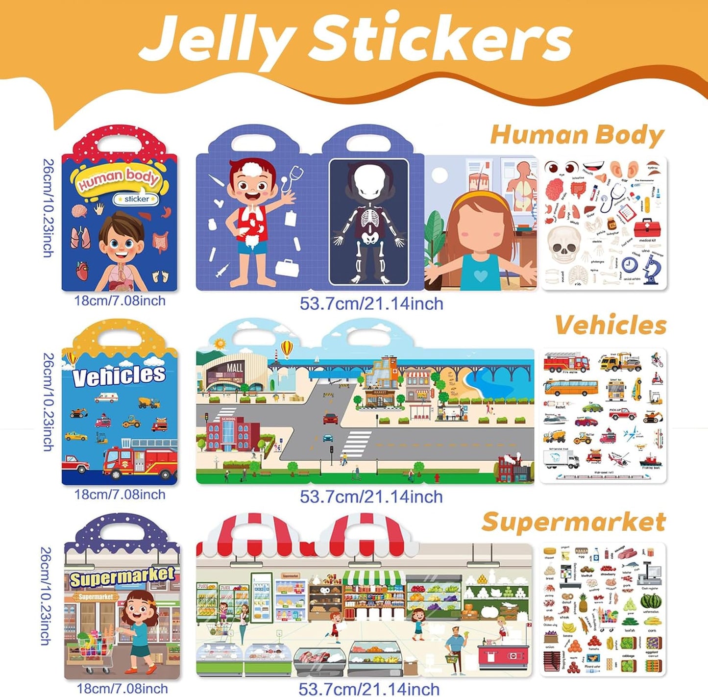 6 Sets Reusable Sticker Books for Toddlers, Jelly Stickers for Kids, Toddler Craft Activities and Travel Toys for Kids 2 3 4 5 Years Old Girls & Boys