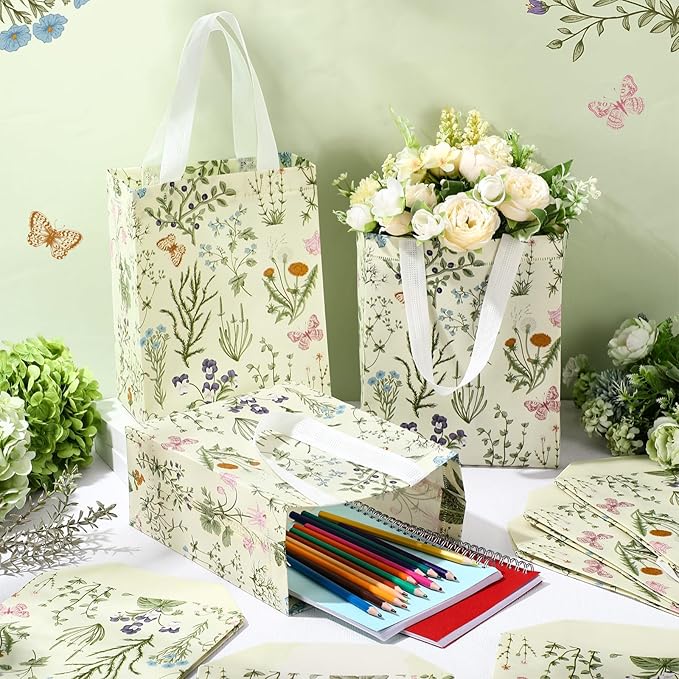 Supervitae 24 Pack Wildflower Theme Gift Bags Medium Goodie Floral Party Favor Bags Vintage Reusable Totes Non Woven Totes for Wedding Birthday Baby Shower Family Holiday Travel(9.8" x 7.9" x 3.9")