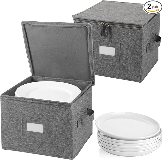 popoly China Storage Containers Hard Shell Inside 10" W x 8" H, Salad Plate Storage Containers for Dishes, Dinnerware with 24 Felt Dividers, Hold 24 Plates, Foldable and Stackable (2 Pack Grey)