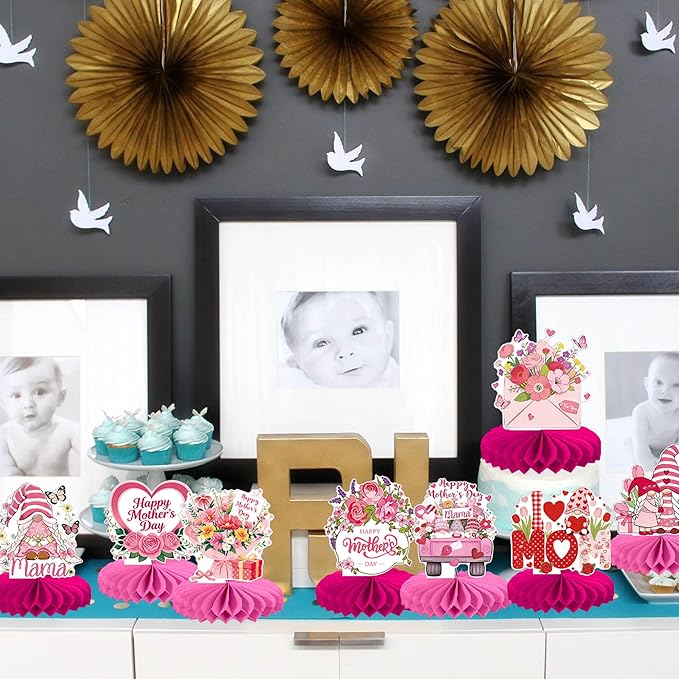 8 PCS Happy Mother's Day Decorations Happy Mother's Day Honeycomb Centerpieces Heart Floral Best Mom Table Centerpiece Love Mom Table Decorations for Mama Women Birthday Party Centerpieces Supplies