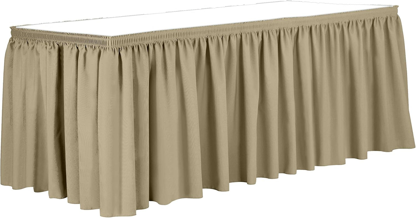 Ultimate Textile Pleat Polyester Fabric Table Skirt - Machine Washable, Flame Resistant, Cut & Sewn in NJ, Desk Skirt - Camel, 7' Shirred Pleat x 42" h