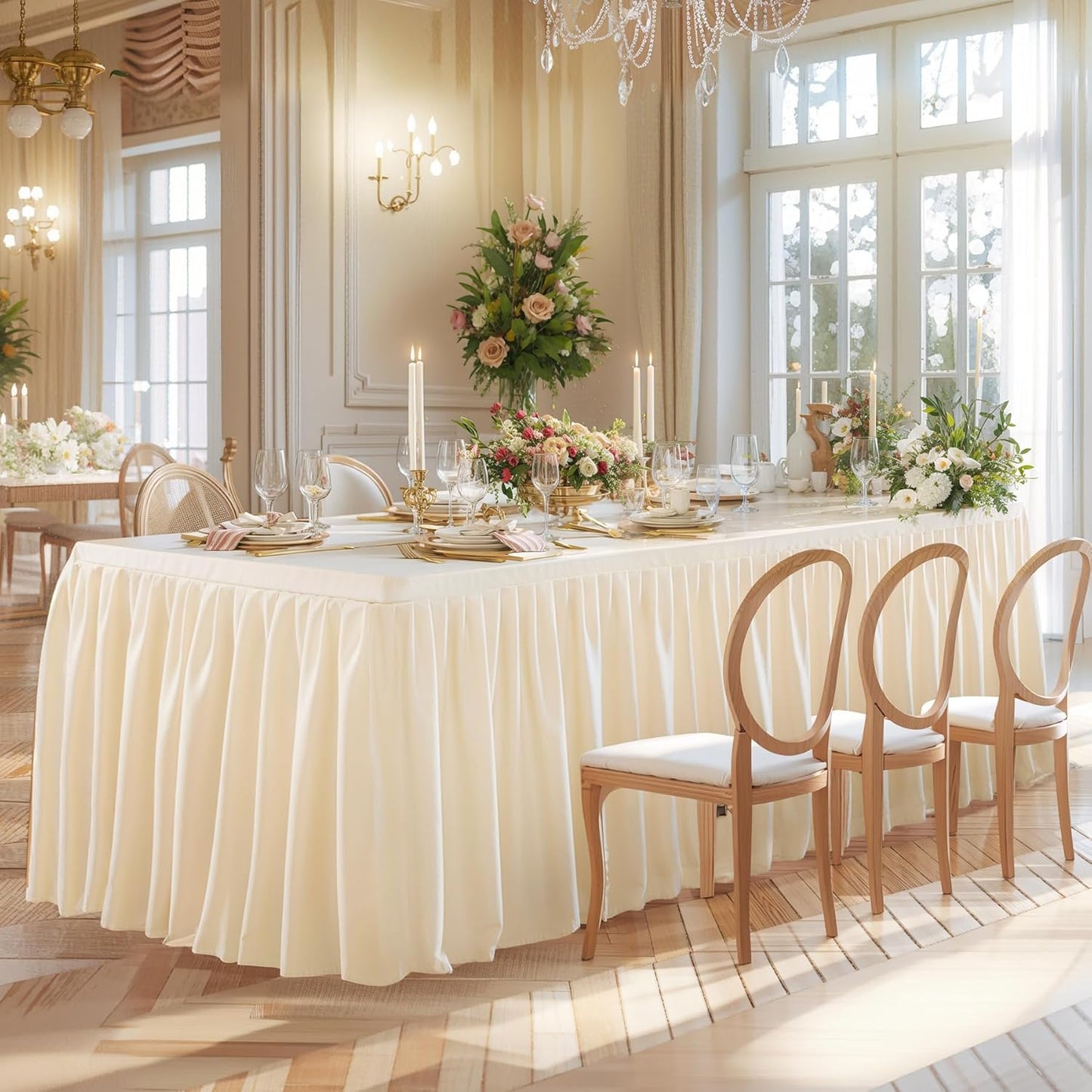 3 Pack Light Champagne Polyester Table Clothes for 6 Foot Rectangle Tables, Wrinkle Free Fitted Table Cover with Pleated Ruffle Table Skirt for Party Baby Shower Wedding Birthday Event Display