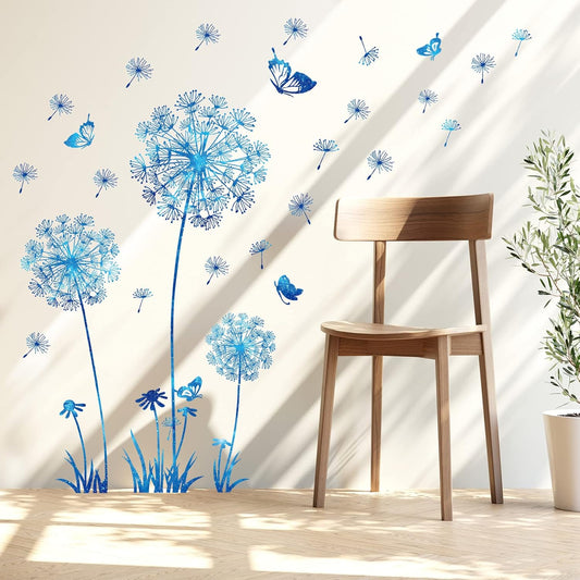 Dandelion Wildflower Wall Decals Art, Calcomanías para Pared Peel and Stick Floral Butterflies Flying Decor for Girls Kids Women Baby Nursery Room Bathroom Sofa Backdrop TV Wall (Light Blue)
