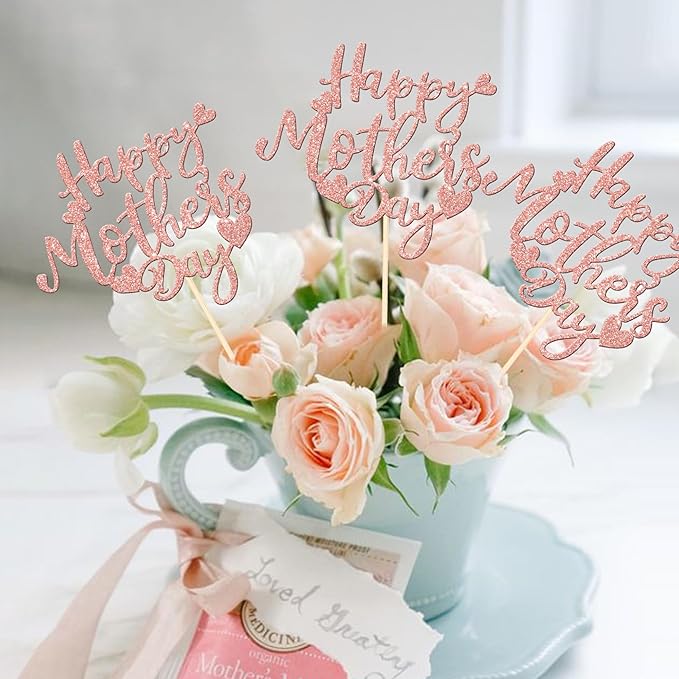 12 PCS Happy Mother's Day Centerpiece Sticks Double Sided Glitter Love Mother Best Mom Centerpieces for Happy Mother's Day Theme Table Flower Decorations Birthday Party Supplies Rose Gold
