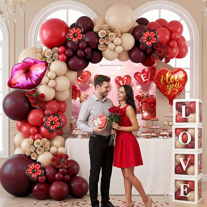 Valentines Day Party Decorations, Balloon Boxes with Letters/Backdrop/I Love You & Lip Foil Balloon/Long Balloons/Red and Rose Gold Balloons, Galentines Wedding Engagement Anniversary Decor
