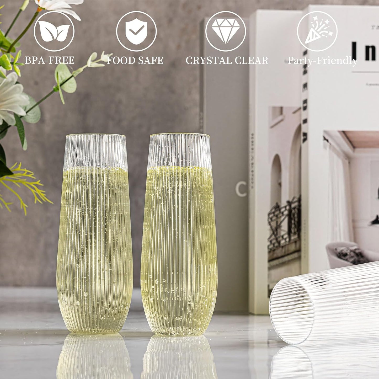 HOMIP 36pcs Clear Plastic Champagne Flutes - 9oz Disposable Champagne Flutes Stemless Toasting Glasses, Ribbed Ripple Design (BPA-Free) for Weddings, Bars & Events - Disposable Party Cups
