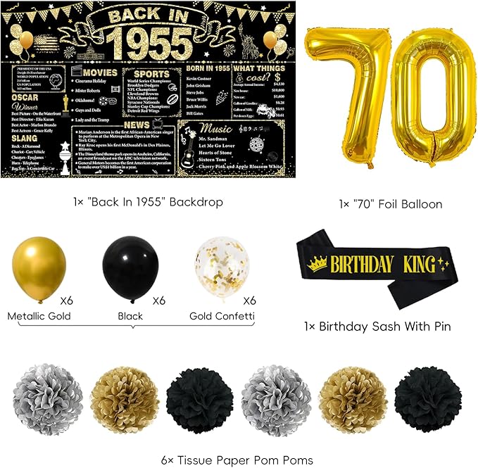 70th Birthday Decorations for Men, Black Gold Back In 1955 Birthday Banner Decorations, Vintage 70th Birthday Table Decorations, Cake Topper, Balloons, Backdrop, Sash Party Supplies for Men