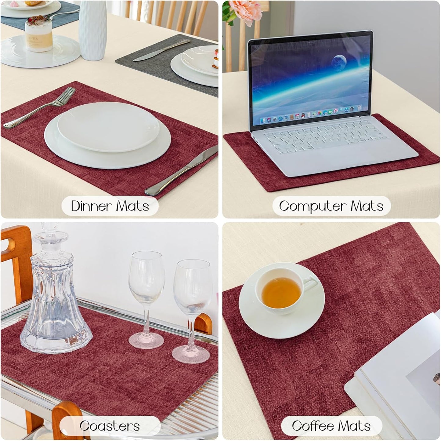 Romanstile Reversible Vinyl Placemats Set of 4, Faux Leather 100% Waterproof Oil-Proof Wipeable Place Mats, Heat Resistant Dual Sided Table Mats for Kitchen/Dining/Party (Grey Red, 12 x 17 Inch)