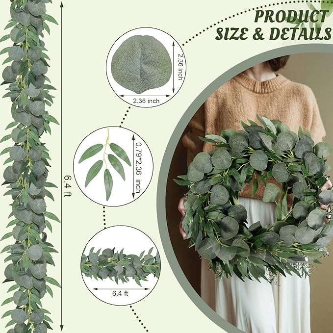 10 Pack Artificial Eucalyptus Garland with Willow Leaves 6.4 ft Artificial Greenery Vine Swag Faux Silver Dollar and Willow Leaves Garland for Wedding Table Runner Doorway Decoration Indoor Outdoor
