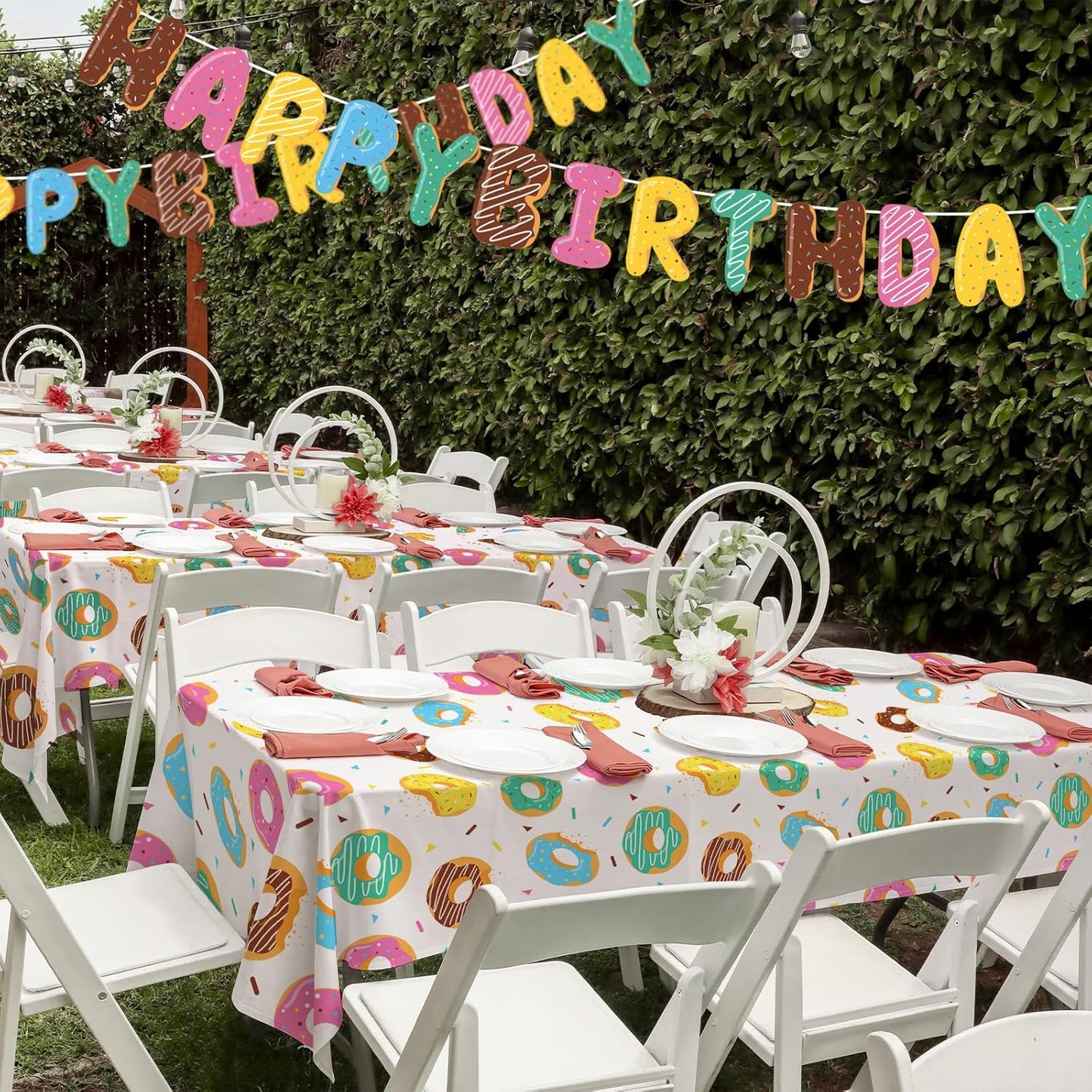Gatherfun Donut Party Supplies: 2-Pack Donut Birthday Party Decorations,Disposable Plastic Tablecloth, Ideal Table Cover for Two Sweet Birthday, Baby Shower & Themed Parties, 54 x 108 Inch