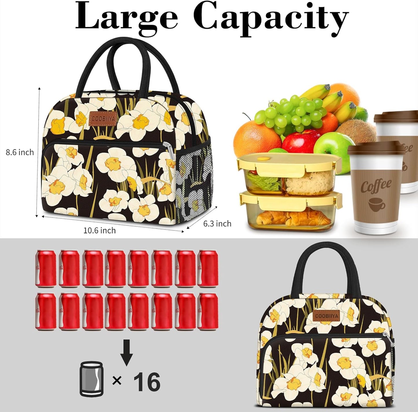 Coobiiya Lunch Bag Women, Daffodil Lunch Bag for Women Adult, Small Leakproof Cute Lunch Box Tote Large Capacity Reusable Insulated Cooler Lunch Container for Work/Office