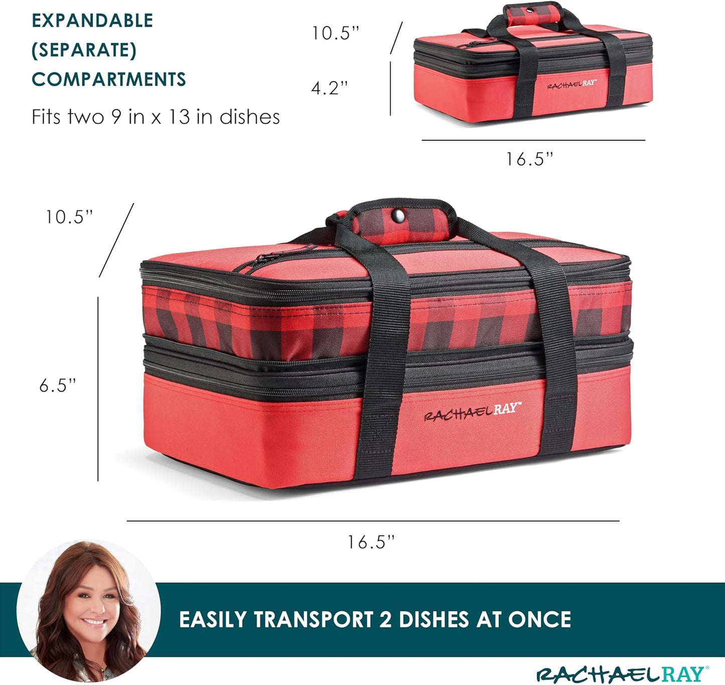 Rachael Ray Expandable Insulated Casserole Carrier for Hot or Cold Food, Thermal Lasagna Lugger Tote for Potluck, Parties, Picnic, and Cookouts, Fits 9" x 13" Baking Dish