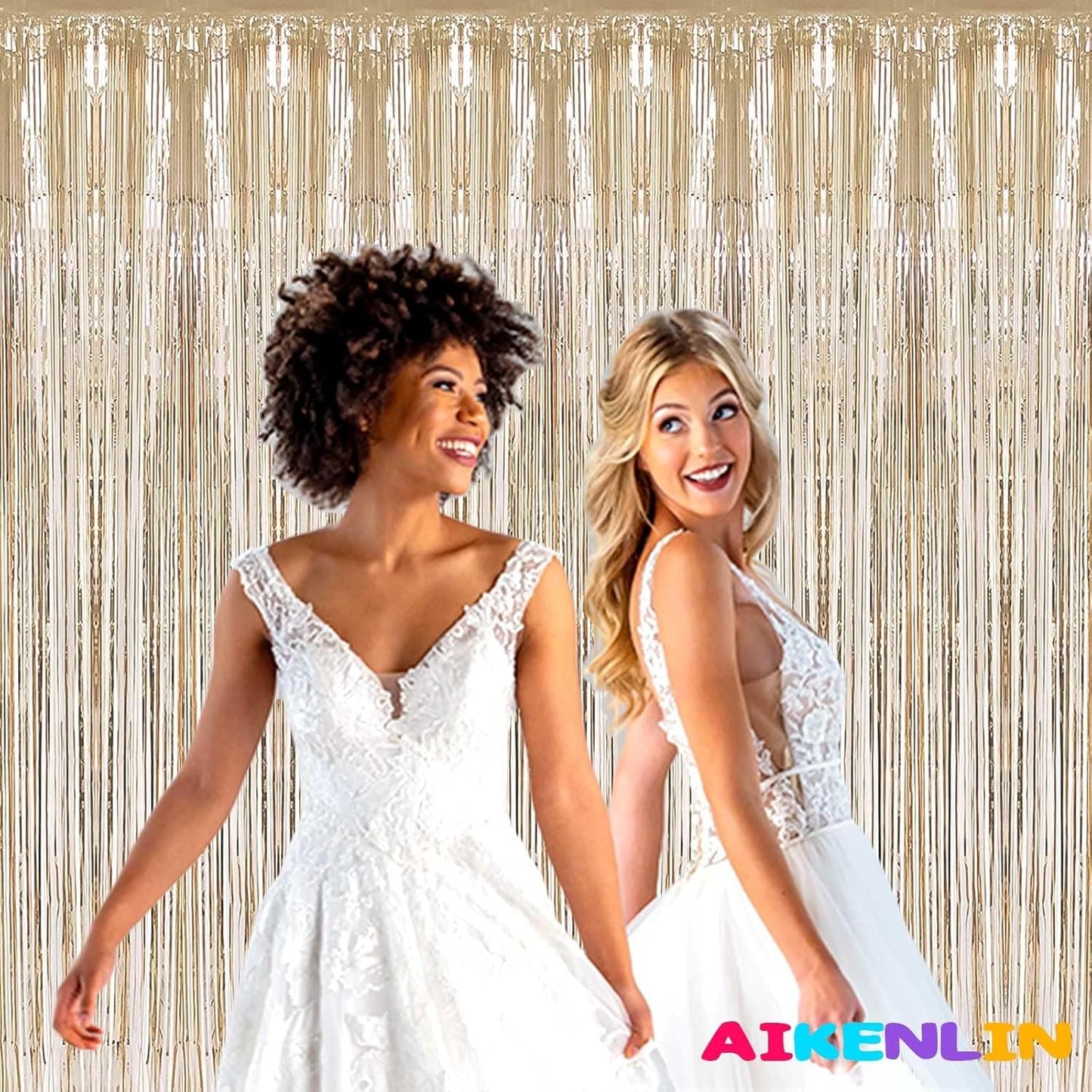 4 Pack 3.3Ft x 6.6Ft Champagne Gold Foil Fringe Curtain Backdrop, Metallic Tinsel Foil Fringe Streamers Curtains Background for Photo Booth, Birthday, Wedding, Valentine's Day Party Decoration