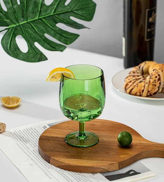 KOXIN-KARLU Classic Stackable 12 ounce Plastic Wine Stems Acrylic Glasses, set of 6 Green