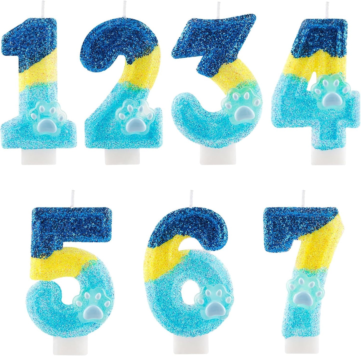 Honglus Glitter Blue Dog Paw 5 Candle for Birthday Blue Number 5 Candle Dog Paw 5 Glitter Cake Topper for 5th Birthday Party Supplies Anniversary Decorations