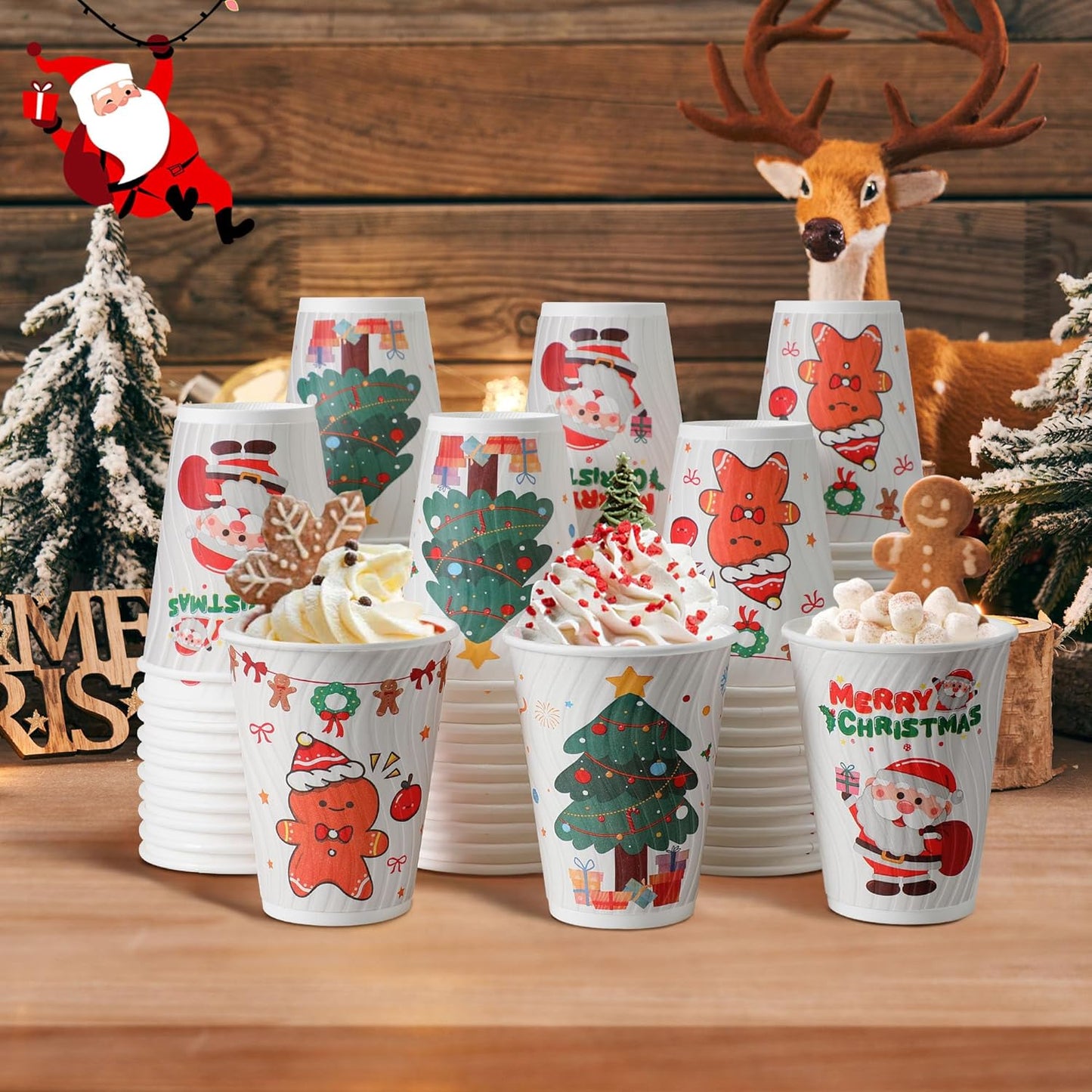 90 Pack Christmas Coffee Cups 12 oz No Lids, Disposable Insulated Paper Coffee Cups, Corrugated Ripple Wall Design Paper Cup, Hot Cold Drinking Cup for Party, Home, Events