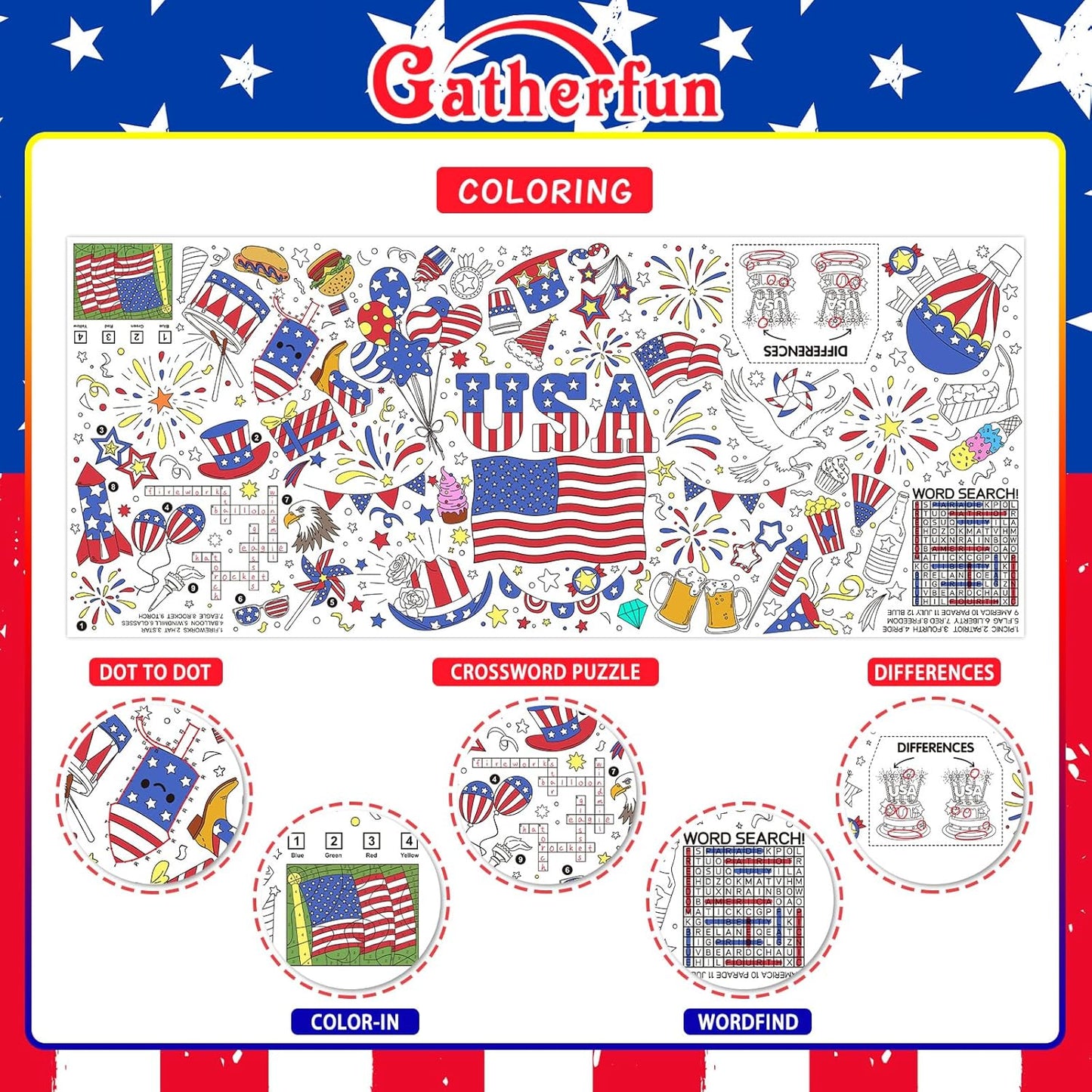 Gatherfun 4th of July Patriotic Coloring Tablecloth 31.5x72 - American Flag-Themed Giant Poster for Independence Day Decor & Activities for Classroom or School Party Table Cover