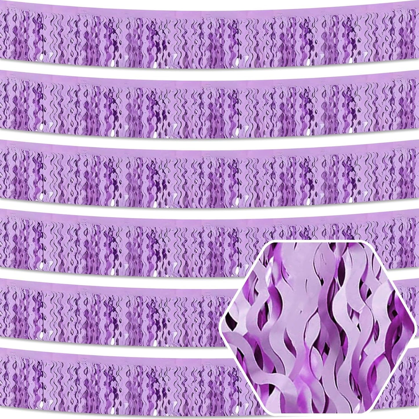 6 Pack 10 Feet Light Purple Wave Foil Fringe Garland Metallic Tinsel Streamers Banner Wall Hanging Curtain Backdrop for Parade Floats, Mother's Day, Easter, Wedding, Birthday Party Decoration