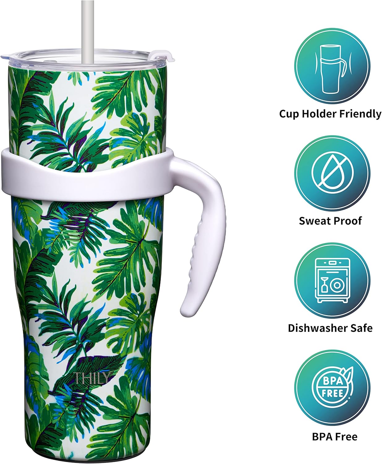 THILY Stainless Steel Vacuum Insulated Tumbler 40 oz Coffee Travel Mug with Handle and Lid, Reusable, Sweat Proof, Keep Drinks Cold for 34 Hours or Hot for 12 Hours, Green Plants