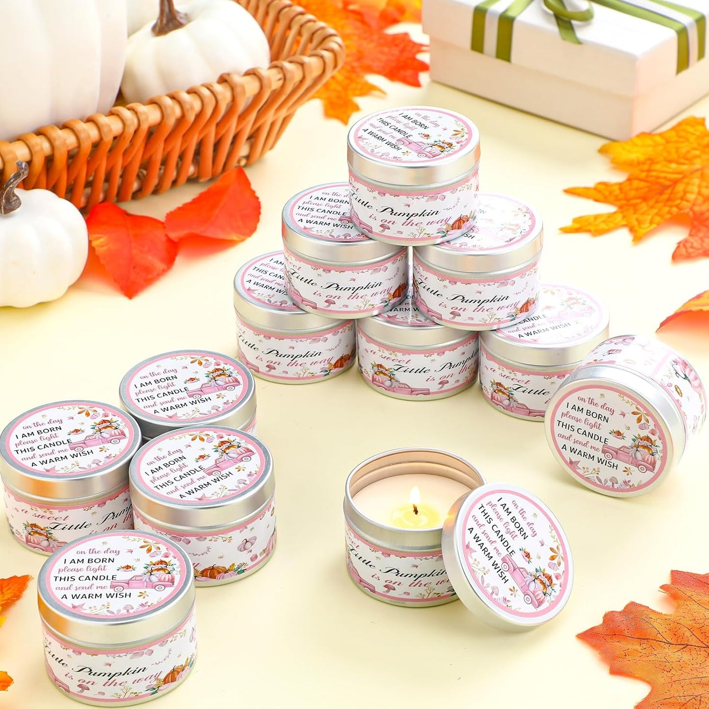 MTLEE 24 Pcs Thanksgiving Little Pumpkin Baby Shower Party Favors Candles Lavender Scented Baby Shower Favors for Guests Rustic Tealights Candles Gender Reveal Return Gifts Girl Boy(Pink, 1.2 Oz)