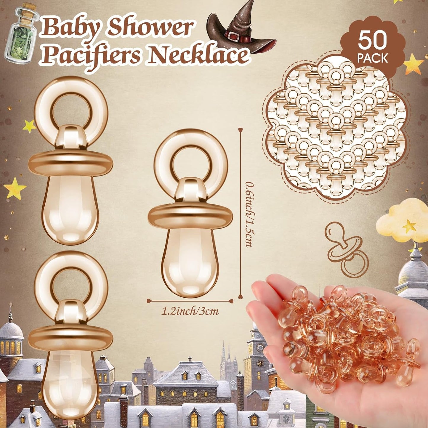 Thyle 51 Pcs Pacifier Hunt Baby Shower Games Include Hunt Sign and 50 Acrylic Pacifiers for Baby Shower Game Decoration Gift Sets Gender Reveal Party Decor(Magical Wizard)