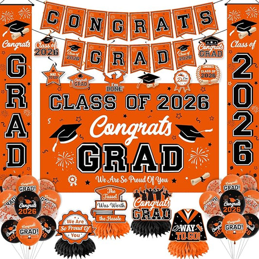 Graduation Decorations Class of 2026 Orange Graduation Party Decor Set include Congrats Grad Banner Backdrop Class of 2026 Balloons Party Supplies