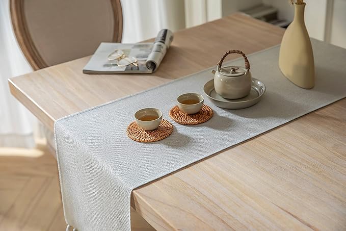 ZeeMart Light Grey Table Runners 108 Inches Long, Burlap Linen Style Rustic Farmhouse Table Runner, Long Boho Dining Table Runner, 13x108 Inches, Light Grey