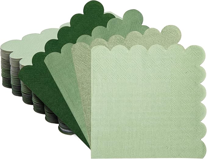 100 Pcs Green Cocktail Napkins Folded 5 x 5 Scalloped Napkins Gradient Color Beverage Napkins Disposable Dessert Napkins for Birthday Party Supplies Wedding
