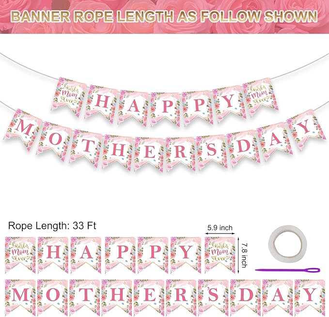 Happy Mothers Day Banner - Pink Mother's Day Decorations Banners, 2026 Best Mom Ever Sign Bunting Banner Garland for Mothers Days Home, Office, Fireplace, Wall Party Decor Supplies Favors Props