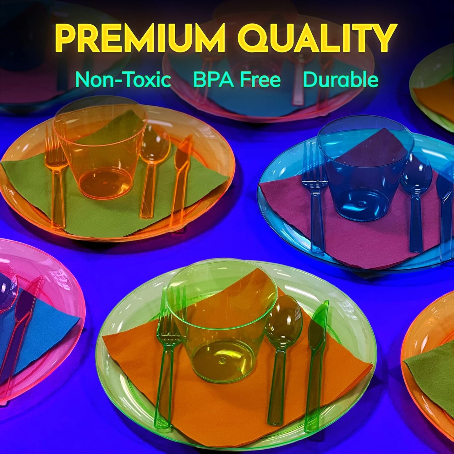 Kedudes Neon Glow Party Supplies, Serves 32 - Hard Plastic Disposable Party Neon Plates, Napkins, Neon Cups Tumblers, Cutlery - Forks, Knives, Spoons - Neon Party Decorations - Fiesta Party Supplies