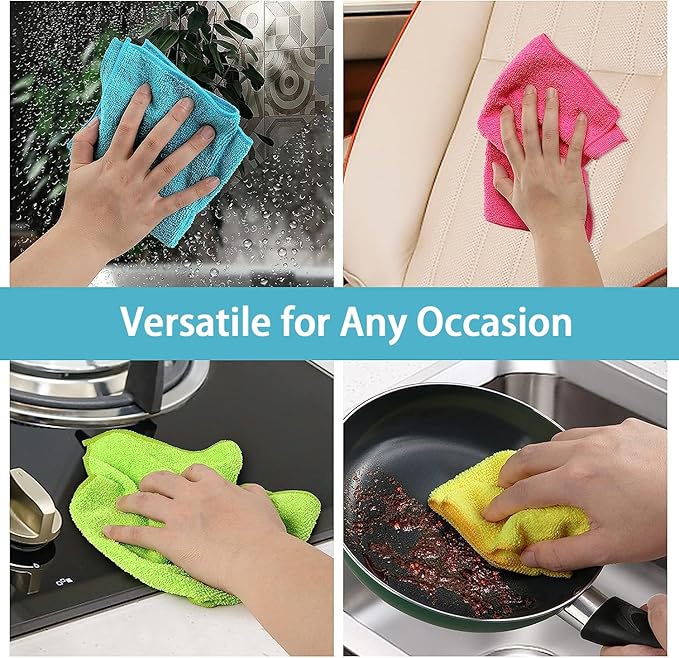 HOMEXCEL Microfiber Cleaning Cloth,100 Pack Cleaning Rags, Cleaning Towels with 4 Color Assorted, 11.5"X11.5" Shop Towels (Green/Blue/Yellow/Pink)