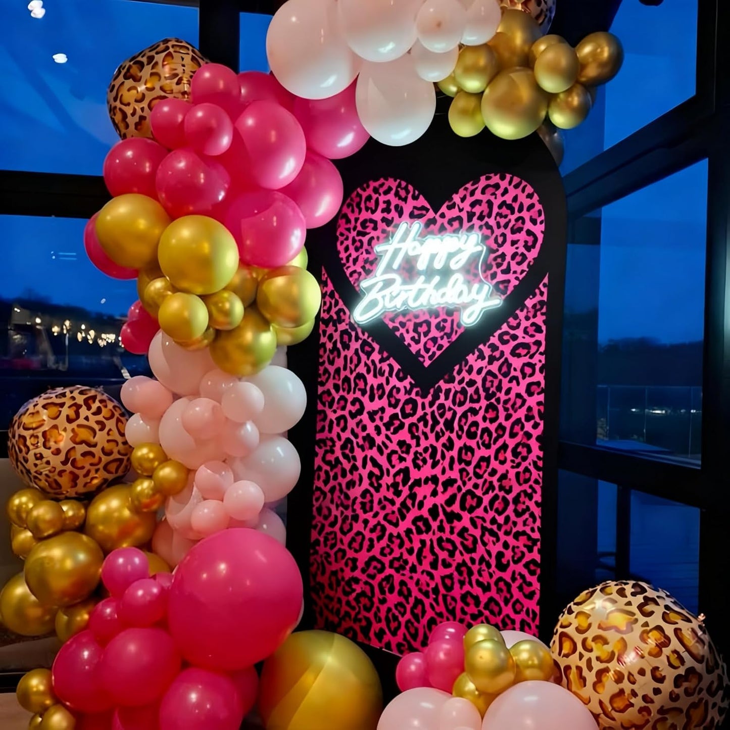 Pink Gold Cheetah Print Balloon Arch Kit, Pastel Hot Pink Chrome Gold Balloons Garland with Large Leopard Print Foil Balloons, for Baby Shower Girls Cheetah Jungle Animal Birthday Party Decorations